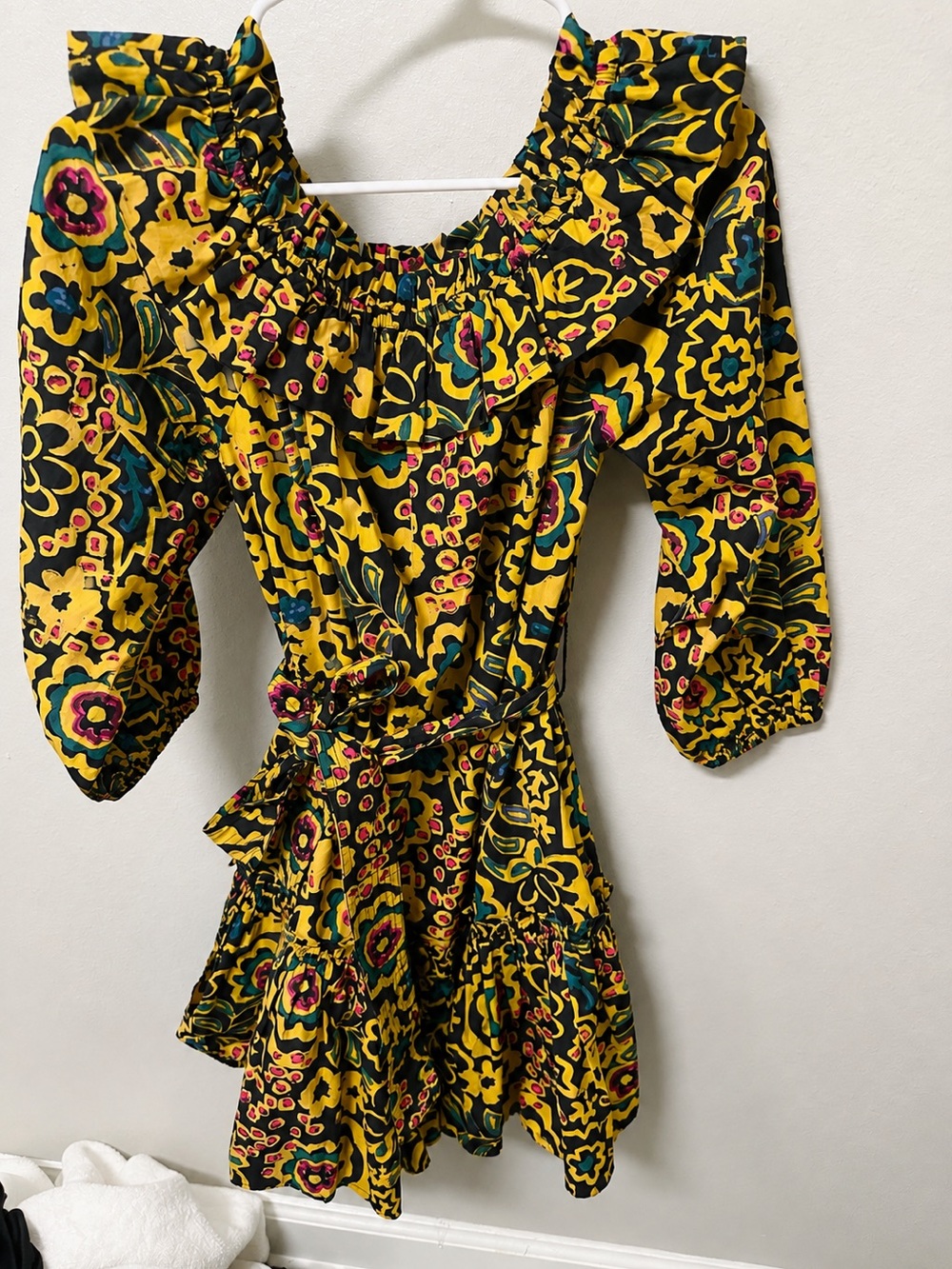 Cleobella Yellow Floral Off-Shoulder Ruffle Mini Dress - Picture 2 of 3